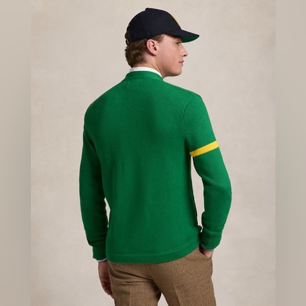 Polo by Ralph Lauren Green Wool Varsity Cardigan with Yellow Patch - Picture 4 of 11